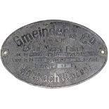 Aluminium oval German works plate. GMEINDER & CO MOSBACH (BADEN) 1955.