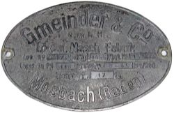 Aluminium oval German works plate. GMEINDER & CO MOSBACH (BADEN) 1955.