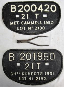 2 x Cast iron D Wagon Plates. B 201950 21T CHAS ROBERTS. B 200420 21T MET CAMMEL together with an