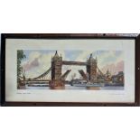 Framed and glazed LNER Carriage Print. LONDON TOWER BRIDGE by John Baker. Original type frame.