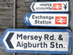 A lot containing 3 x modern railway direction signs. MERSEY RD & AIGBURTH STN. EXCHANGE STATION.