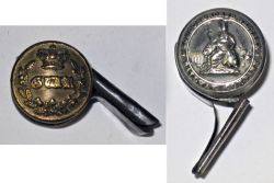 GWR Senior staff button whistle in good condition together with LNWR button whistle. Both in good