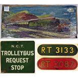 A Lot containing 2 x London Transport plates, RT 3133 and RT 2087. Enamel N.C.T. sign, TROLLEYBUS