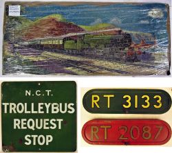 A Lot containing 2 x London Transport plates, RT 3133 and RT 2087. Enamel N.C.T. sign, TROLLEYBUS