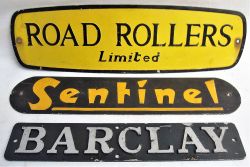 A lot contain 3 x signs. ROAD ROLLERS LTD. SENTINEL and BARCLAY. All in good original condition.