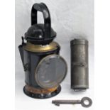 GWR 4 aspect Fogman's Handlamp together with a pre grouping GWR detonator tin and GWR signal box key