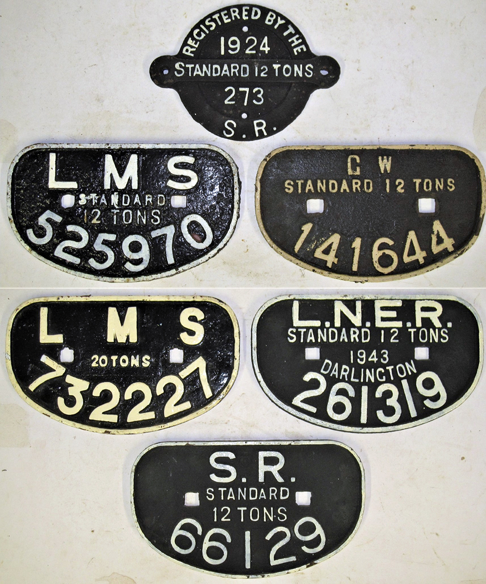 6 x Wagon Plates. LMS 20T 732227. LNER 12T 261319. SR 12T 66129. LMS 12T 525970. GW STANDARD 12T