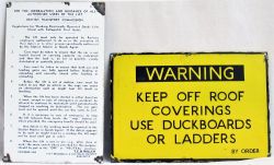 A lot containing 2 x enamel warning and instruction signs, WARNING KEEP OFF COVERINGS together