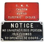 2 x GWR Cast Iron Signs. GWR CAUTION BURRIED ELECTRIC CABLES together with NOTICE NO UNAUTHORISED