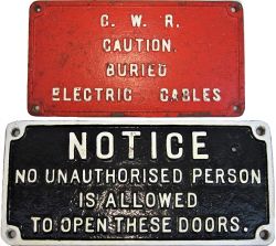 2 x GWR Cast Iron Signs. GWR CAUTION BURRIED ELECTRIC CABLES together with NOTICE NO UNAUTHORISED