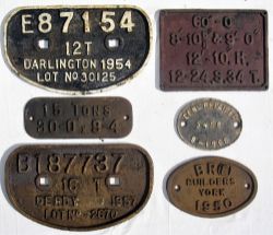 A lot containing 6 x Wagon Plates to include. E 87154 12 T 1954. 15 tons 30 - 0. B 187737 16 Ton.