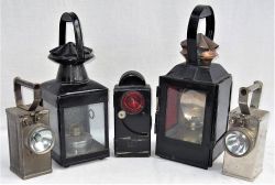 A Lot containing 5 x Railway lamps. 2 x French railway lamps, one with red lens (shown). BR