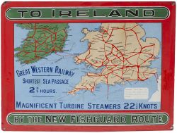 GWR Pictorial Enamel Map TO IRELAND BY THE NEW FISHGUARD ROUTE GREAT WESTERN RAILWAY SHORTEST SEA