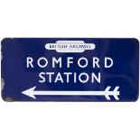 BR(E) FF enamel railway station direction sign ROMFORD STATION with left facing arrow and British