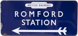 BR(E) FF enamel railway station direction sign ROMFORD STATION with left facing arrow and British