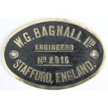 Worksplate W.G.BAGNALL LTD ENGINEERS STAFFORD ENGLAND No 2915 ex BR-W Hawksworth 0-6-0 PT built in