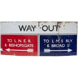 London Underground enamel station sign WAY OUT TO LMS RLY & BROAD ST (with right facing arrow) and