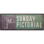 Advertising enamel sign 1st SUNDAY PICTORIAL in the shape of a carriage door. In original frame,