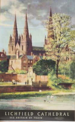 Poster BR(M) LICHFIELD CATHEDRAL SEE BRITAIN BY TRAIN by Greene. Double Royal 25in x 40in. In very