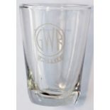 Great Western Railway small SPIRIT GLASS marked on the front with GWR Roundel and HOTELS. Stands 2.