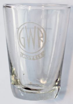 Great Western Railway small SPIRIT GLASS marked on the front with GWR Roundel and HOTELS. Stands 2.