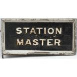 GWR platform sign STATION MASTER double sided wood with cast iron letters. Measures 36in x 17in