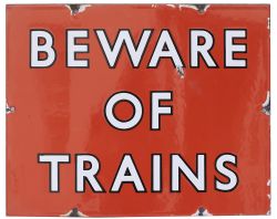 BR(NE) enamel railway sign BEWARE OF TRAINS with black edged letters. In very good condition with