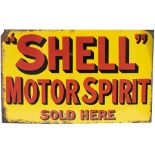 Advertising enamel sign SHELL MOTOR SPIRIT SOLD HERE. Double sided, both sides are in good condition