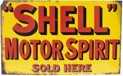 Advertising enamel sign SHELL MOTOR SPIRIT SOLD HERE. Double sided, both sides are in good condition