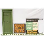 Motoring Bus signs x4: ASSOCIATED MOTORWAYS double sided enamel COACH STOP, 10.5in x 13in, good