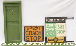 Motoring Bus signs x4: ASSOCIATED MOTORWAYS double sided enamel COACH STOP, 10.5in x 13in, good