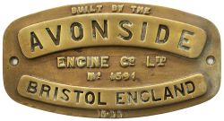 Worksplate AVONSIDE BRISTOL ENGLAND ENGINE Co LTD No 1591 1911. Ex 0-4-0ST delivered new to Arley