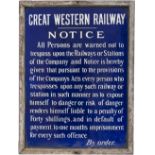Great Western Railway fully titled enamel TRESPASS sign. In very good condition complete with