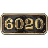 GWR brass cabside numberplate 6020 ex Collett King 4-6-0 built at Swindon in 1928 and named King