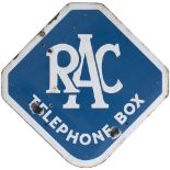 Motoring enamel sign RAC TELEPHONE BOX. In good condition with some chipping. Measures 18.5in x 18.