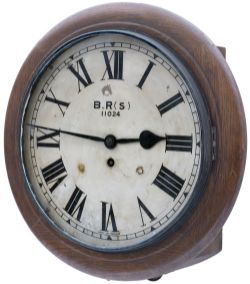 British Railways Southern Region 12 inch oak cased fusee railway clock with a rectangular plated