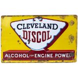 Motoring enamel sign CLEVELAND DISCOL ALCOHOL FOR ENGINE POWER. Measures 48in x 30in and is in