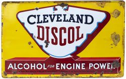 Motoring enamel sign CLEVELAND DISCOL ALCOHOL FOR ENGINE POWER. Measures 48in x 30in and is in