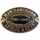 Worksplate R&W HAWTHORN LESLIE & CO LTD ENGINEERS NEWCASTLE-ON-TYNE 3397 1920 ex Taff Vale Railway A