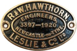 Worksplate R&W HAWTHORN LESLIE & CO LTD ENGINEERS NEWCASTLE-ON-TYNE 3397 1920 ex Taff Vale Railway A