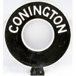 Motoring road sign CONNINGTON. Double sided cast aluminium, with makers name Gowshall Ltd, from