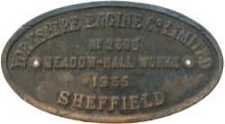 Worksplate YORKSHIRE ENGINE Co LIMITED MEADOW HALL WORKS SHEFFIELD No 2606 1955 ex 400hp 0-6-0 DE4