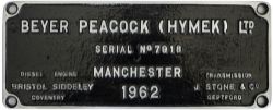Worksplate BEYER PEACOCK (HYMEK) LTD MANCHESTER SERIAL No7918 1962 ex British Railways Class 35
