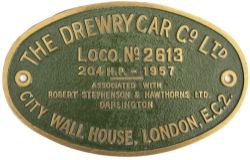 Worksplate 'THE DREWRY CAR CO LTD CITY WALL HOUSE, LONDON, E.C.2. LOCO NO 2613 204HP 1957. Ex