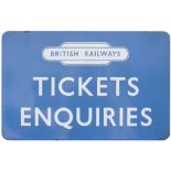 BR(SC) FF enamel railway sign TICKETS ENQUIRIES with British Railways totem at the top. In excellent