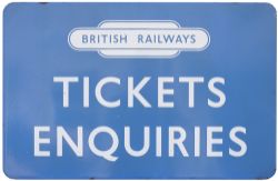 BR(SC) FF enamel railway sign TICKETS ENQUIRIES with British Railways totem at the top. In excellent