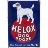 Advertising enamel sign MELOX DOG FOODS THE FINEST IN THE WORLD. Measures 26in x 18in and is in very