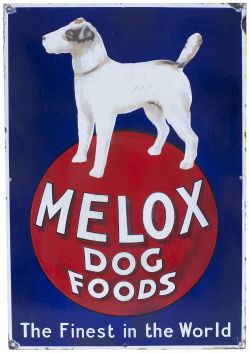 Advertising enamel sign MELOX DOG FOODS THE FINEST IN THE WORLD. Measures 26in x 18in and is in very