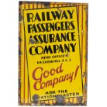 Advertising enamel sign RAILWAY PASSENGERS ASSURANCE COMPANY HEAD OFFICE 64 CORNHILL EC3. In good