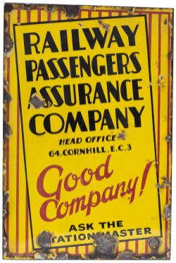 Advertising enamel sign RAILWAY PASSENGERS ASSURANCE COMPANY HEAD OFFICE 64 CORNHILL EC3. In good